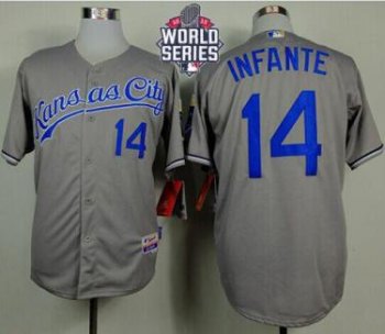 Royals #14 Omar Infante Grey Cool Base W 2015 World Series Patch Stitched Baseball Jersey