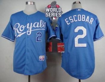 Royals #2 Alcides Escobar Light Blue Alternate 1 Cool Base W 2015 World Series Patch Stitched Baseball Jersey