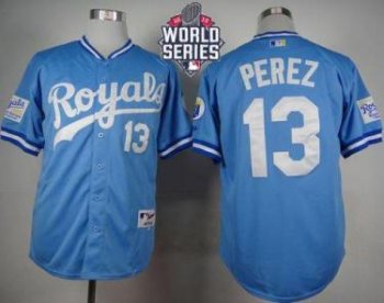 Royals #13 Salvador Perez Light Blue 1985 Turn Back The Clock W 2015 World Series Patch Stitched Baseball Jersey