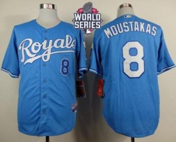 Royals #8 Mike Moustakas Light Blue Alternate 1 Cool Base W 2015 World Series Patch Stitched Baseball Jersey