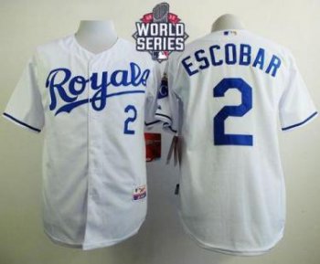 Royals #2 Alcides Escobar White Cool Base W 2015 World Series Patch Stitched Baseball Jersey