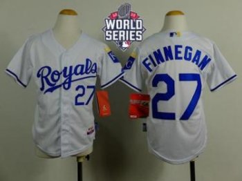 Youth Royals #27 Brandon Finnegan White Cool Base W 2015 World Series Patch Stitched Baseball Jersey