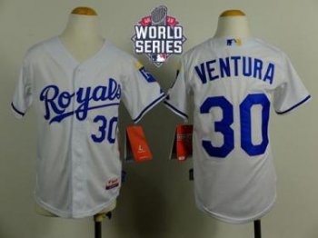 Youth Royals #30 Yordano Ventura White Cool Base W 2015 World Series Patch Stitched Baseball Jersey