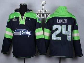 Nike Seahawks #24 Marshawn Lynch Navy Blue Super Bowl XLIX Player Pullover Hoodie