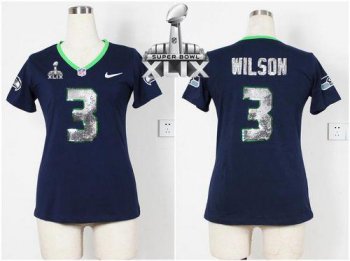 Women's Nike Seahawks #3 Russell Wilson Steel Blue Team Color Handwork Sequin Lettering Super Bowl XLIX Stitched NFL Elite Jersey