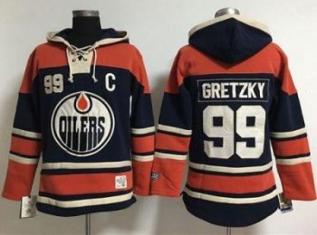 Women's Edmonton Oilers #99 Wayne Gretzky Navy Blue Old Time Lacer NHL Hoodie