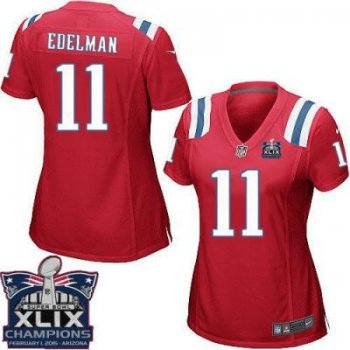 Women's New England Patriots #11 Julian Edelman Red Alternate Super Bowl XLIX Champions Patch Stitched NFL Jersey