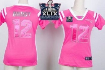 Women's New England Patriots #12 Tom Brady Pink Super Bowl XLIX Champions Patch Stitched NFL Draft Him Shimmer Jersey