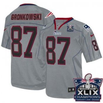 Youth New England Patriots #87 Rob Gronkowski Lights Out Grey Super Bowl XLIX Champions Patch Stitched NFL Jersey