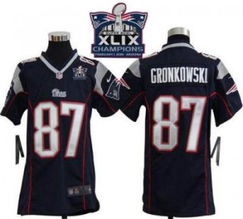 Youth New England Patriots #87 Rob Gronkowski Navy Blue Team Color Super Bowl XLIX Champions Patch Stitched NFL Jersey