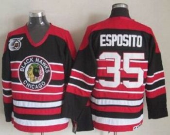 Blackhawks #35 Tony Esposito Red Black 75TH CCM Stitched NHL Jersey