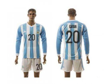 Argentina #20 Gaitan Home Long Sleeves Soccer Country Jersey