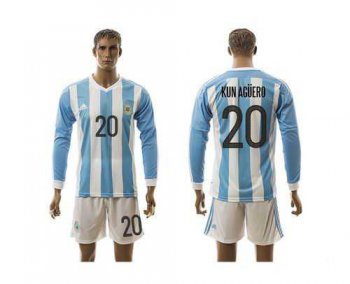 Argentina #20 Kun Aguero Home Long Sleeves Soccer Country Jersey