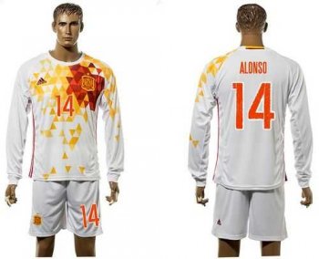 Spain #14 Alonso White Away Long Sleeves Soccer Country Jersey