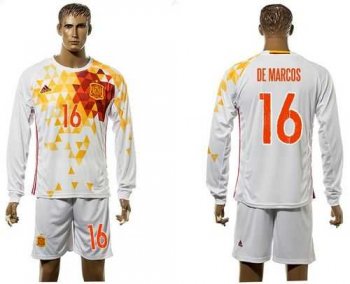 Spain #16 De Marcos White Away Long Sleeves Soccer Country Jersey