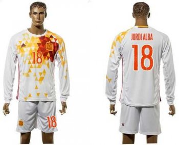 Spain #18 Jordi Alba White Away Long Sleeves Soccer Country Jersey