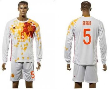 Spain #5 Sergio White Away Long Sleeves Soccer Country Jersey