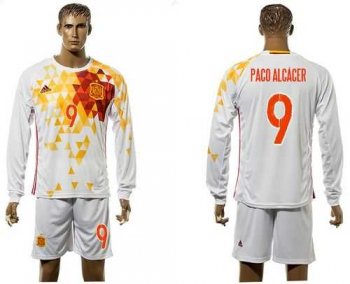 Spain #9 Paco Alcacer White Away Long Sleeves Soccer Country Jersey