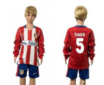 Atletico Madrid #5 Tiago Home Long Sleeves Kid Soccer Club Jersey