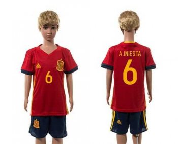 Spain #6 A.Iniesta Red Home Kid Soccer Country Jersey