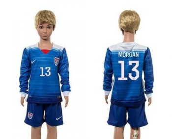 USA #13 Morgan Away Long Sleeves Kid Soccer Country Jersey