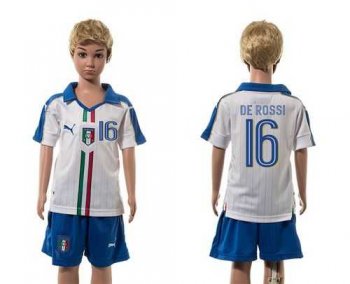 Italy #16 De Rossi White Away Kid Soccer Country Jersey