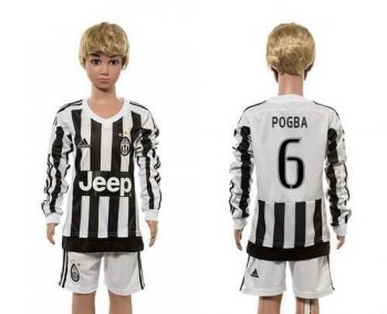 Juventus #6 Pogba Home Long Sleeves Kid Soccer Club Jersey