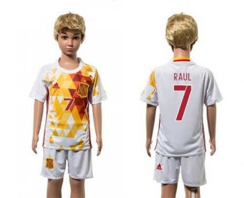 Spain #7 Raul White Away Kid Soccer Country Jersey