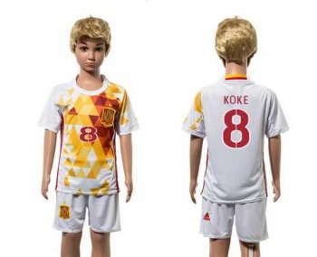 Spain #8 Koke White Away Kid Soccer Country Jersey