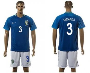 Brazil #3 Miranda Away Soccer Country Jersey