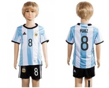 Argentina #8 Perez Home Kid Soccer Country Jersey