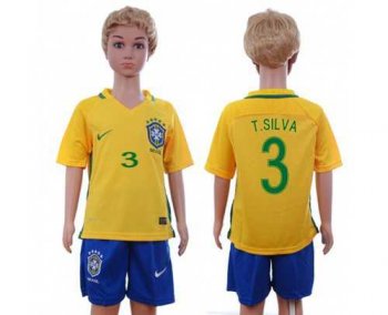 Brazil #3 T.Silva Home Kid Soccer Country Jersey