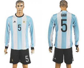 Argentina #5 Gago Home Long Sleeves Soccer Country Jersey