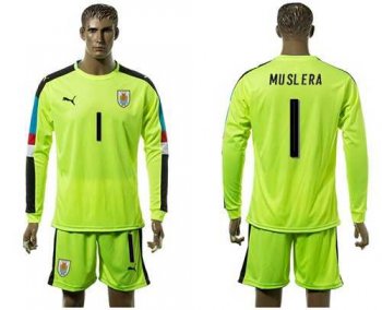 Uruguay #1 Muslera Shiny Green Long Sleeves Soccer Country Jersey