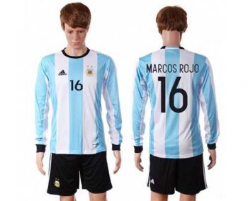 Argentina #16 Marcos Rojo Home Long Sleeves Soccer Country Jersey