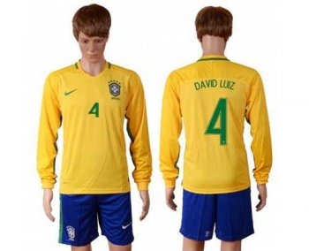 Brazil #4 David Luiz Home Long Sleeves Soccer Country Jersey