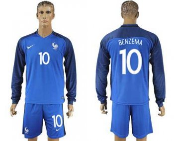 France #10 Benzema Home Long Sleeves Soccer Country Jersey