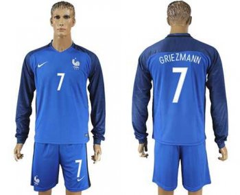 France #7 Griezmann Home Long Sleeves Soccer Country Jersey