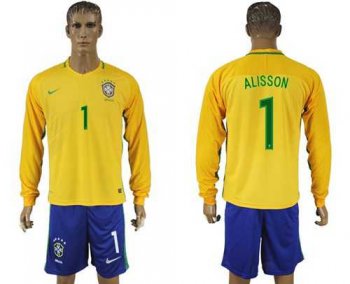 Brazil #1 Alisson Home Long Sleeves Soccer Country Jersey