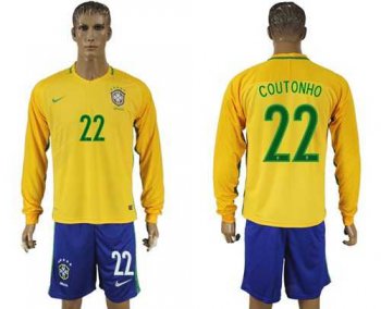 Brazil #22 Coutonho Home Long Sleeves Soccer Country Jersey