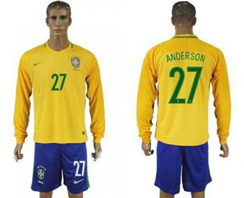 Brazil #27 Anderson Home Long Sleeves Soccer Country Jersey