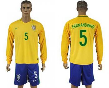 Brazil #5 Fernandinho Home Long Sleeves Soccer Country Jersey