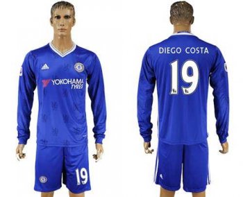 Chelsea #19 Diego Costa Home Long Sleeves Soccer Club Jersey