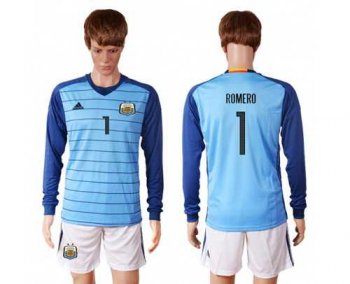 Argentina #1 Romero Blue Goalkeeper Long Sleeves Soccer Country Jersey