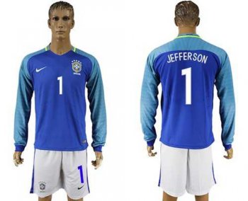 Brazil #1 Jefferson Away Long Sleeves Soccer Country Jersey