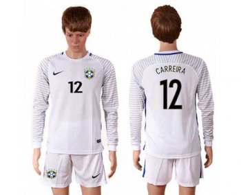 Brazil #12 Carreira White Goalkeeper Long Sleeves Soccer Country Jersey