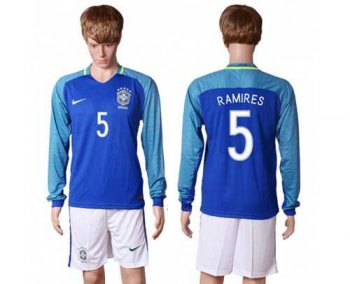 Brazil #5 Ramires Away Long Sleeves Soccer Country Jersey