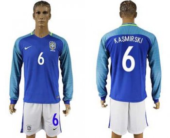 Brazil #6 Kasmirski Away Long Sleeves Soccer Country Jersey