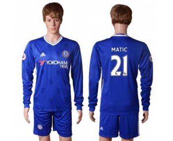 Chelsea #21 Matic Home Long Sleeves Soccer Club Jersey