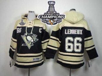 Youth Pittsburgh Penguins #66 Mario Lemieux Black Sawyer Hooded Sweatshirt 2016 Stanley Cup Champions Stitched Youth NHL Jersey